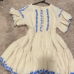 Adorable Cream Kids Dress with Blue Embroidery